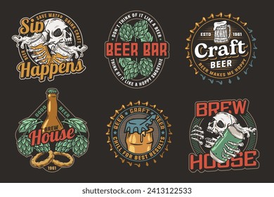 Beer set of brew emblems or craft beer logos with beer cap, can, hop, skeleton and bottle. Labels or prints with skull, beer glass and barly for bar, pub or brewery shop.