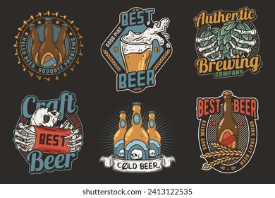 Beer set of brew emblems or craft beer logos with beer cap, can, hop, skeleton and bottle. Labels or prints with skull, beer glass and barly for bar, pub or brewery shop.