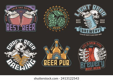 Beer set of brew emblems or craft beer logos with beer cap, can, hop, skeleton and bottle. Labels or prints with skull, beer glass and barly for bar, pub or brewery shop.