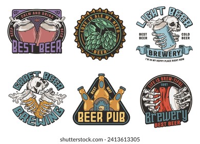 Beer set of brew emblems or craft beer logos with beer cap, can, hop, skeleton and bottle. Labels or prints with skull, beer glass and barly for bar, pub or brewery shop.