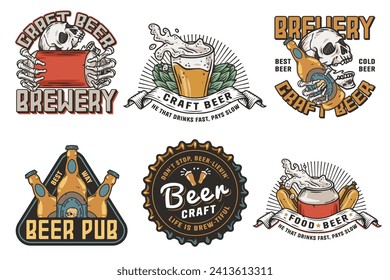 Beer set of brew emblems or craft beer logos with beer cap, can, hop, skeleton and bottle. Labels or prints with skull, beer glass and barly for bar, pub or brewery shop.