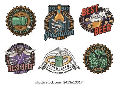 Juego de cerveza de emblemas de la cerveza o marca logotipos de cerveza con tapa de cerveza, lata, lúpulo, esqueleto y botella. Etiquetas o huellas con calavera, vidrio de cerveza y barly para bar, pub o cervecería.