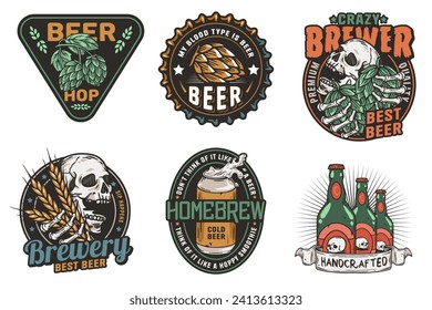 Beer set of brew emblems or craft beer logos with beer cap, can, hop, skeleton and bottle. Labels or prints with skull, beer glass and barly for bar, pub or brewery shop.