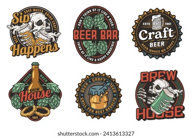 Beer set of brew emblems or craft beer logos with beer cap, can, hop, skeleton and bottle. Labels or prints with skull, beer glass and barly for bar, pub or brewery shop.