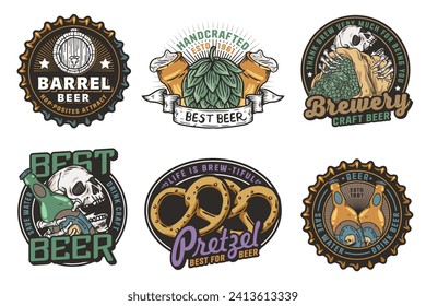 Beer set of brew emblems or craft beer logos with beer cap, can, hop, skeleton and bottle. Labels or prints with skull, beer glass and barly for bar, pub or brewery shop.