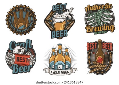 Juego de cerveza de emblemas de la cerveza o marca logotipos de cerveza con tapa de cerveza, lata, lúpulo, esqueleto y botella. Etiquetas o huellas con calavera, vidrio de cerveza y barly para bar, pub o cervecería.