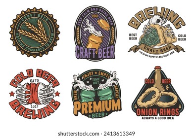 Beer set of brew emblems or craft beer logos with beer cap, can, hop, skeleton and bottle. Labels or prints with skull, beer glass and barly for bar, pub or brewery shop.