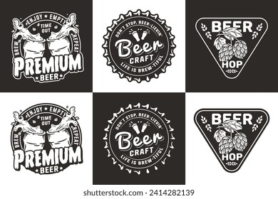 Beer set of brew emblems or craft beer logos with beer cap, hop and bottles. Labels or prints with metal cork for bar, pub or brewery shop.