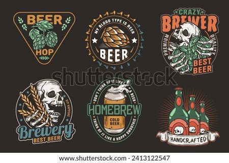 Beer set of brew emblems or craft beer logos with beer cap, can, hop, skeleton and bottle. Labels or prints with skull, beer glass and barly for bar, pub or brewery shop.