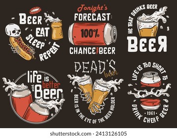 Beer set with can and cheer mug for brewing print. Vector brew design with skeleton and hot dog or beer fast food for bar