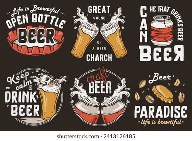 Beer set with can and cheer mug for brewing print. Vector brew design with cap and glass for bar