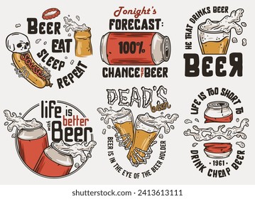 Beer set with can and cheer mug for brewing print. Vector brew design with skeleton and hot dog or beer fast food for bar