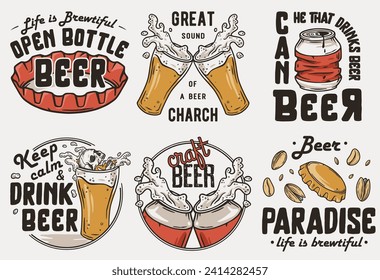 Cerveza puesta con lata y aclamar la taza para preparar la impresión. Diseño de brea de vectores con tapa y vidrio para barra