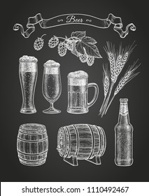 Beer set. Chalk sketch on blackboard background. Hand drawn vector illustration. Retro style.