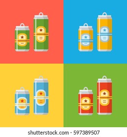 Beer set. A collection of beer cans in different colors on a colorful background. Isolated in a trendy flat style.