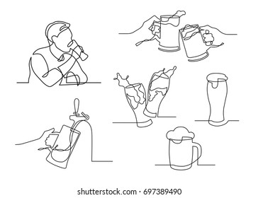 Beer Set - Continuous Line Drawing. Vector Illustration.