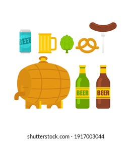 Beer set. Craft brewing. Barrel and bottle. A mug of beer and hops. Sausage and pretzel