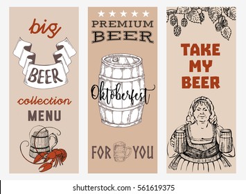 Beer set, Design elements for beer pub advertising, prints and posters. Vector vintage illustration.