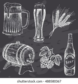 Beer set for design menu. Vintage beer on chalk board background. Hand drawn vector illustration.