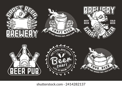 Beer set of designs with beer cap, can, hop, skeleton and bottle. Skull, beer glass, barly, bone hand and bottle for brewery or bar. Craft beer vector logos or emblems for pub and store.