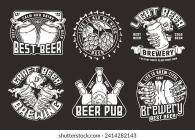 Beer set of designs with beer cap, can, hop, skeleton and bottle. Skull, beer glass, barly, bone hand and bottle for brewery or bar. Craft beer vector logos or emblems for pub and store.