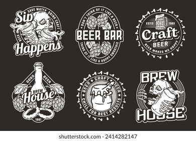 Beer set of designs with beer cap, can, hop, skeleton and bottle. Skull, beer glass, barly, bone hand and bottle for brewery or bar. Craft beer vector logos or emblems for pub and store.