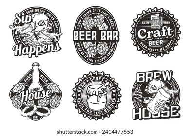 Beer set of designs with beer cap, can, hop, skeleton and bottle. Skull, beer glass, barly, bone hand and bottle for brewery or bar. Craft beer vector logos or emblems for pub and store.