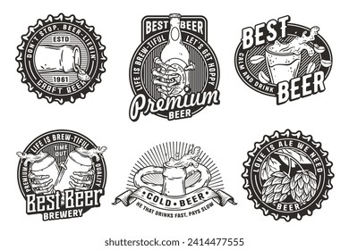 Beer set of designs with beer cap, can, hop, skeleton and bottle. Skull, beer glass, barly, bone hand and bottle for brewery or bar. Craft beer vector logos or emblems for pub and store.