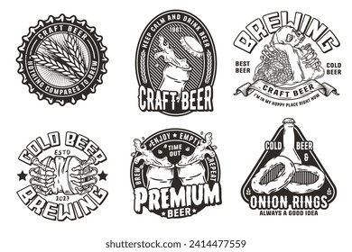 Beer set of designs with beer cap, can, hop, skeleton and bottle. Skull, beer glass, barly, bone hand and bottle for brewery or bar. Craft beer vector logos or emblems for pub and store.