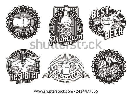 Beer set of designs with beer cap, can, hop, skeleton and bottle. Skull, beer glass, barly, bone hand and bottle for brewery or bar. Craft beer vector logos or emblems for pub and store.