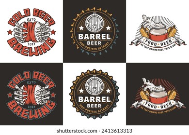 Beer set of designs with skull and metal can with foam splash. Skeleton with can in bone hand and bottle for brewery or bar. Craft beer vector logo or emblem for pub and store.