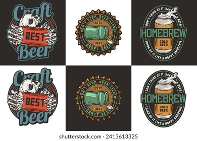 Beer set of designs with skull and metal can with foam splash. Skeleton with can in bone hand and bottle for brewery or bar. Craft beer vector logo or emblem for pub and store.