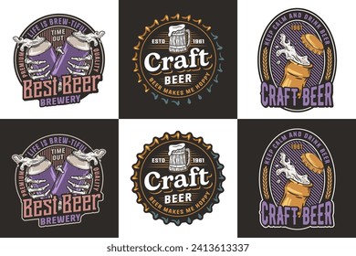 Beer set of designs with skull and metal can with foam splash. Skeleton with can in bone hand and bottle for brewery or bar. Craft beer vector logo or emblem for pub and store.