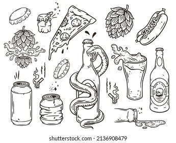 Beer set of elements for beer design. Bottle, can, hop, mug with foam and bottle cap for alcohol bar or fast food