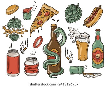 Beer set of elements for beer design. Bottle, can, hop, mug with foam and bottle cap for alcohol bar or fast food