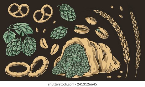 Beer set of elements with hops for beer design. Hop, pretzel, spikelet, pistachio, nuts and onion rings for alcohol bar or pub