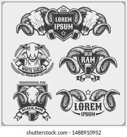 Beer set emblems with ram and sheep. Labels, emblems, stickers and design elements for pub, beer festival and beer restaurant design.