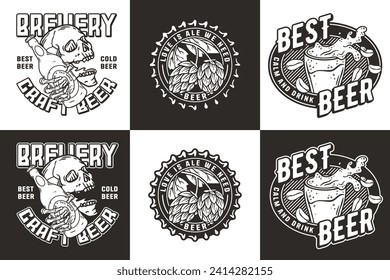 Beer set of emblems with skull and bottle, cap with hop and beer glass for brewery or bar. Craft beer vector logo for design label of pub and beer factory.