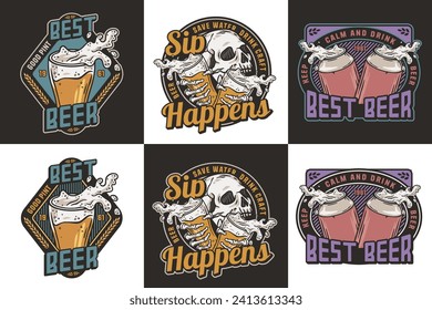 Beer set of emblems with skull and beer can. Skeleton with beer glass in bone hands for brewery or bar. Craft beer vector logo for pub and store.