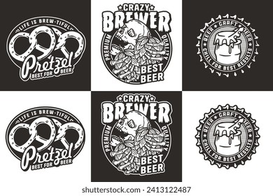 Beer set of emblems with skull and hop, bottle cap and pretzel for brewery or bar. Craft beer vector logo for pub and factory.