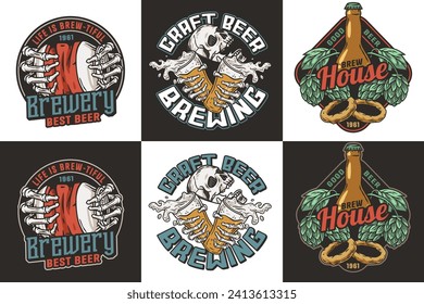 Beer set of emblems with skull and hop. Skeleton with beer can in bone hands and beer glass for brewery or bar. Craft beer vector logo for pub and store.