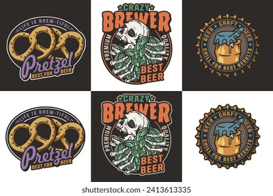 Beer set of emblems with skull and hop, bottle cap and pretzel for brewery or bar. Craft beer vector logo for pub and factory.