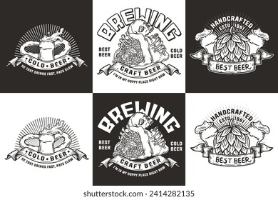 Beer set of emblems with skull and hop bag. Skeleton with hop in bone hands, bottle and onion ring for brewery or bar. Craft beer vector logo for pub and store.
