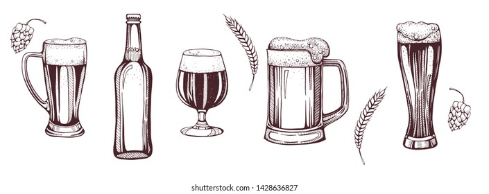 Beer set engraving isolated on white background, freehand drawing in vintage style. Bottles and glasses of beer.