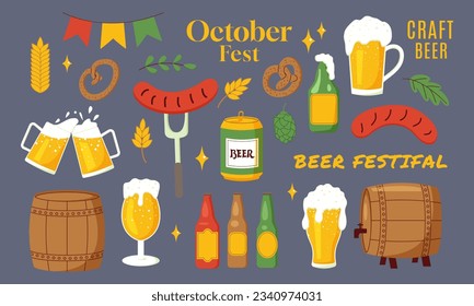 Beer Set flat style. Vector Illustration with lettering. Color beer pub elements collection for Octoberfest glass, mug, hop, beer tap, snacks.