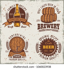 Beer set of four colored emblems, labels, badges or logos on background with removable textures on separate layer