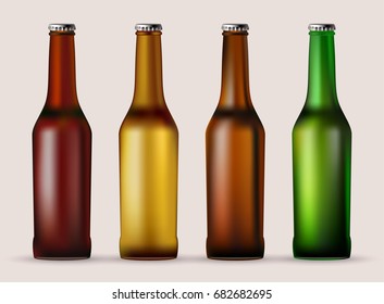 Cerveza. Un juego de botellas de cerveza de cristal. Imagen vectorial editable.