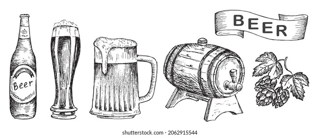 Beer set with beer glass, mug, bottle, barrel and hop sprig. Isolated. Vector sketches hand drawn illustration background. Flyer, booklet advertising and design. Line art style.