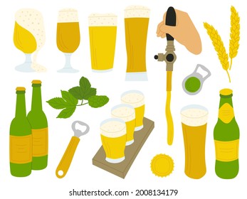 Beer set of glasses, beer bottles, openers