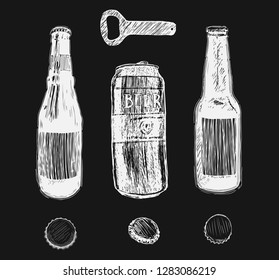 Beer set in graphic style from hand drawing image. Vector illustration of glasses and mug, hops, malt, barrels and bottle.